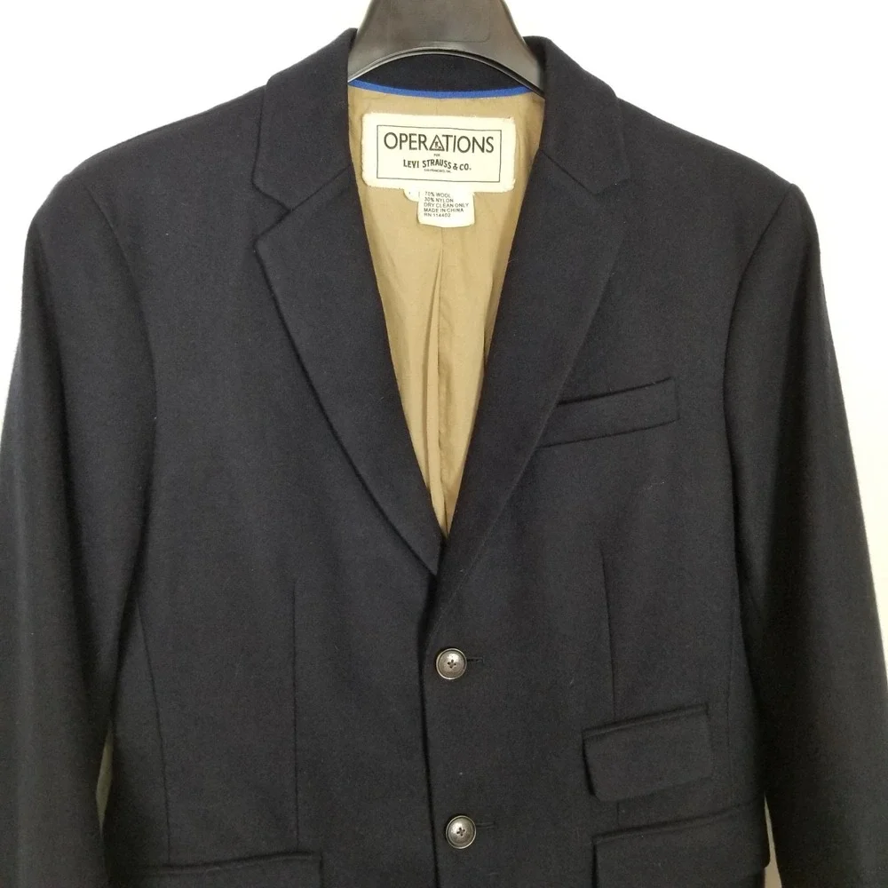VTG Operations for Levi Strauss Men Wool Blend Blazer Jacket Sz L Navy Button Up